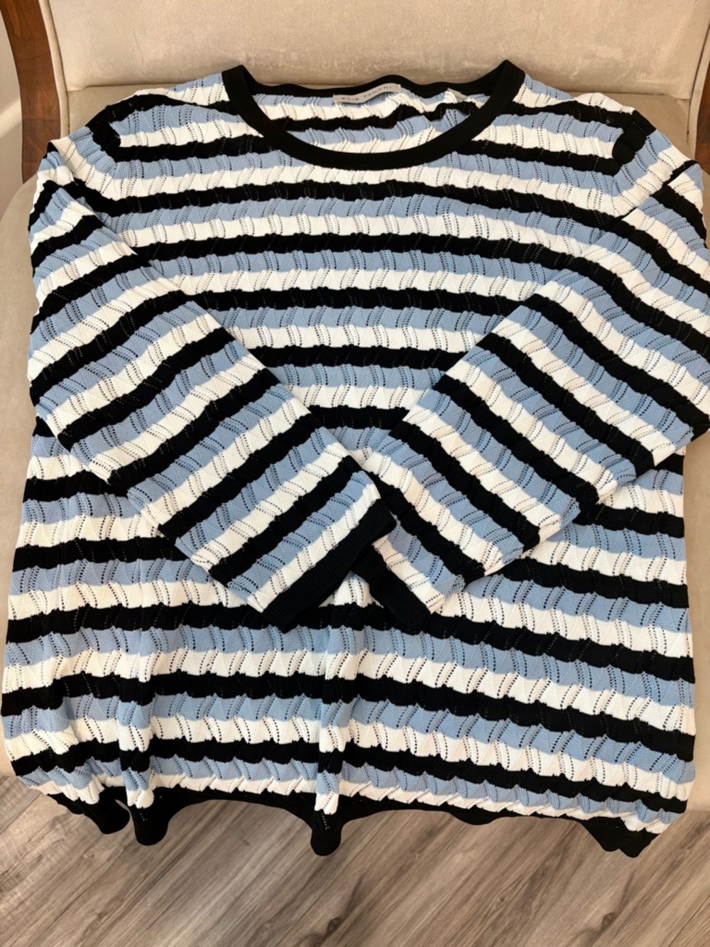 Elie Tahari Black, White & Light Blue Striped Scoop Neck Sweater - Picture 4 of 5